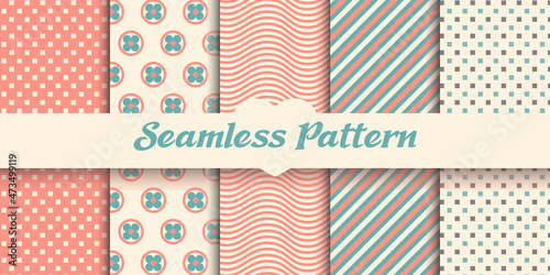 Set of 5 spring vintage seamless patterns, Flow, square, Cross, background, Vector illustration. For scrapbooking, cards, textile, fabric, invitations.