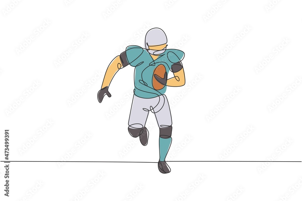 Obraz premium Single continuous line drawing of young agile american football player running fast towards goal line for competition media. Sport exercise concept. Trendy one line draw design vector illustration