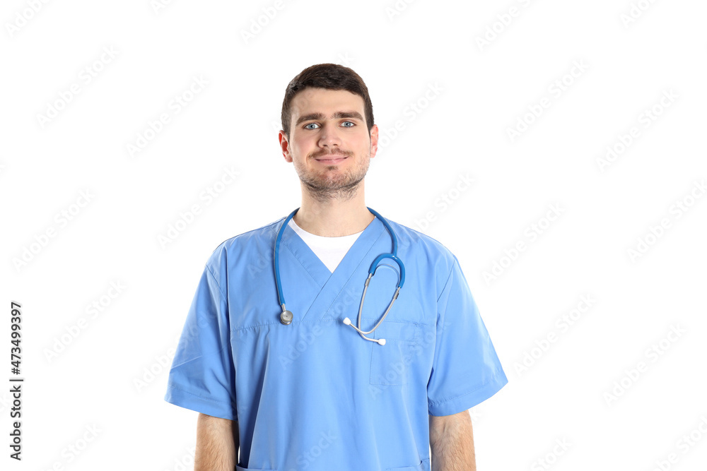 Attractive doctor intern isolated on white background Attractive doctor intern isolated on white background
