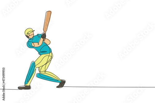 Single continuous line drawing of young agile man cricket player practicing hit the ball at field vector illustration. Sport exercise concept. Trendy one line draw design for cricket promotion media © Simple Line