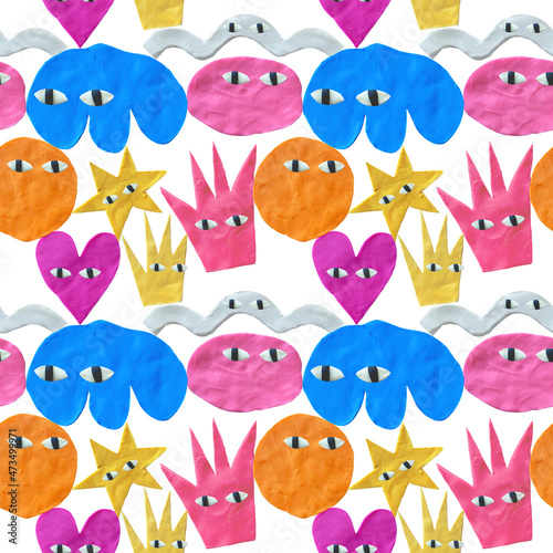 seamless pattern from real craft plasticine and clay.Children's crafts and figurines.3d rendering print of abstract shapes characters with clay texture.Funky and groovy vibrant hippie 70s, 80s style