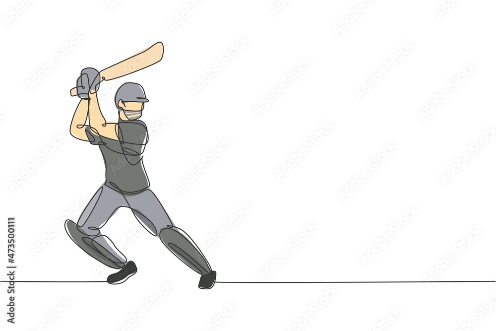 Obraz premium Single continuous line drawing of young agile man cricket player standing and practice to swing bat vector illustration. Sport exercise concept. Trendy one line draw design for cricket promotion media
