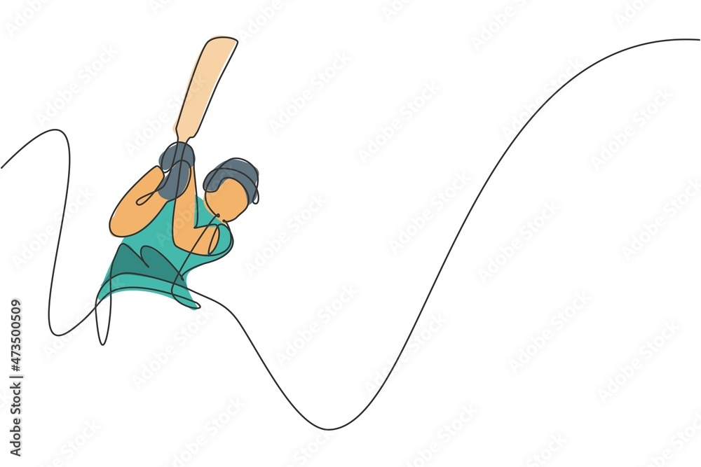 Obraz premium One continuous line drawing of young happy man cricket player swing cricket bat hard at field vector illustration. Competitive sport concept. Dynamic single line draw design for advertisement poster