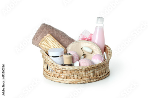 Gift basket with cosmetics isolated on white background