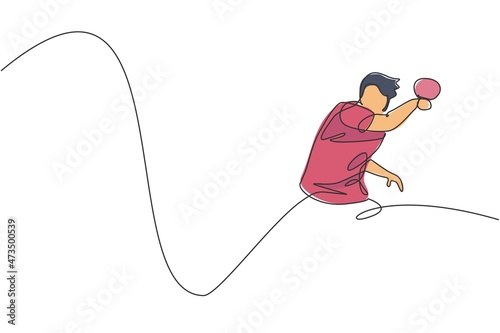 Single continuous line drawing of young agile man table tennis player hit the ball. Sport exercise concept. Trendy one line draw design vector illustration for ping pong tournament promotion media