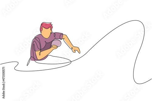 One single line drawing of young energetic man table tennis player ready to hit the ball vector illustration. Sport training concept. Modern continuous line draw design for ping pong tournament banner photo