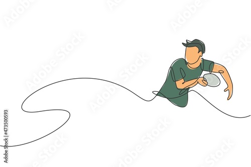 One single line drawing of energetic man table tennis player focus receive rival ball vector illustration. Sport training concept. Modern continuous line draw design for ping pong tournament banner