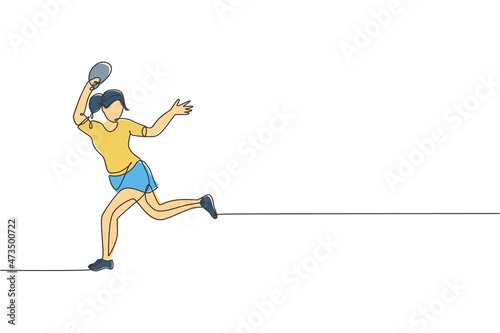 One continuous line drawing of young sporty woman table tennis player active to catch the ball. Competitive sport concept. Single line draw design vector illustration for ping pong championship poster © Simple Line