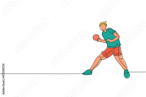 One single line drawing young energetic man table tennis player train seriously vector graphic illustration. Sport training concept. Modern continuous line draw design for ping pong tournament banner