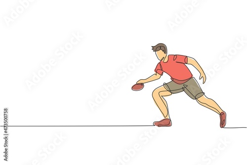 One single line drawing of energetic man table tennis player practice to hold rival smash vector illustration graphic. Sport concept. Modern continuous line draw design for ping pong tournament banner