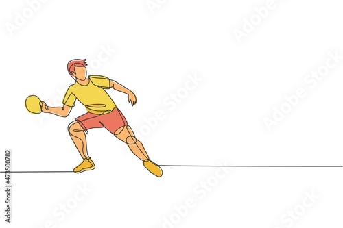Single continuous line drawing of young agile man table tennis player focus practice. Sport exercise concept. Trendy one line draw design vector illustration for ping pong tournament promotion media