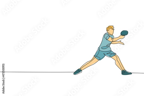 One continuous line drawing of young sporty man table tennis player hold the opponent ball. Competitive sport concept. Single line draw design vector illustration for ping pong championship poster