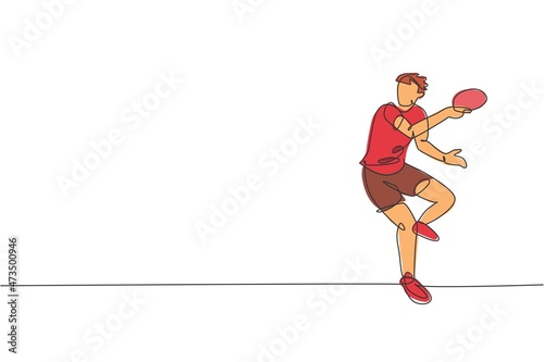 One continuous line drawing of young sporty man table tennis player pose defensive to hit ball. Competitive sport concept. Single line draw design vector illustration for ping pong championship poster
