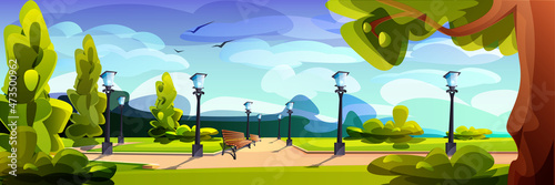 Empty city park with wooden benches, green trees and street lamps along pathway. Public place for walking and recreation. Vector cartoon summer landscape with urban garden, lanterns and birds.
