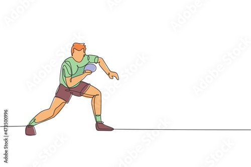 Single continuous line drawing young agile man table tennis player wait for a rival ball. Sport exercise concept. Trendy one line draw design vector graphic illustration for ping pong promotion media © Simple Line