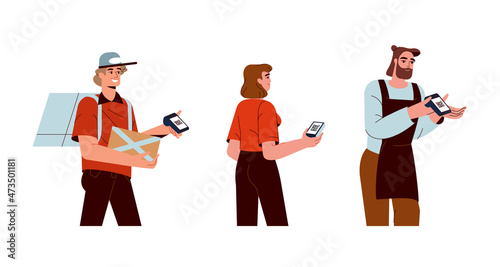 Sellers hold cashless payment machine. Waiter, cashier and courier with pos terminal with scanning QR code from mobile app. Contactless system of pay concept flat vector illustration.