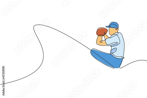 One continuous line drawing young sporty man baseball player throw the ball seriously fast. Competitive sport concept. Dynamic single line draw design graphic vector illustration for promotion poster