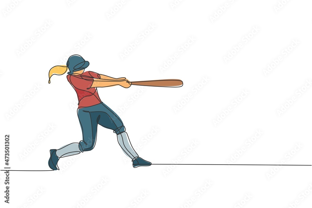 One continuous line drawing of young sporty woman baseball player practice to hit the ball. Competitive sport concept. Dynamic single line draw design vector graphic illustration for promotion poster