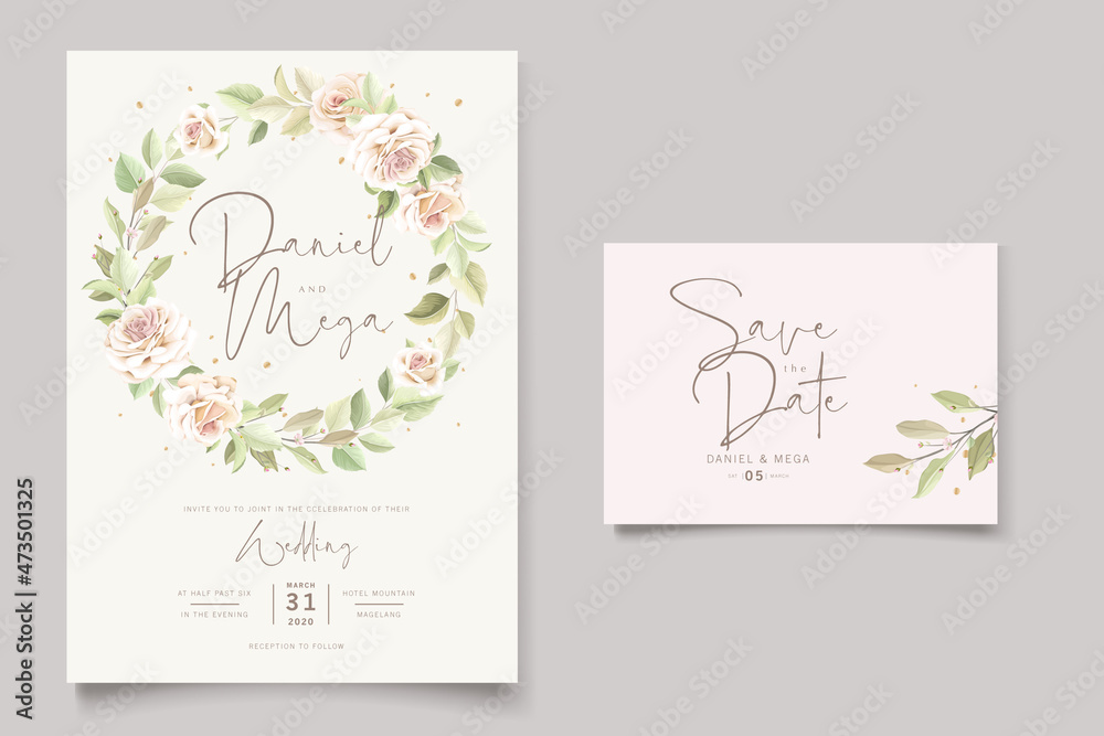 hand drawn soft floral roses wedding invitation card set