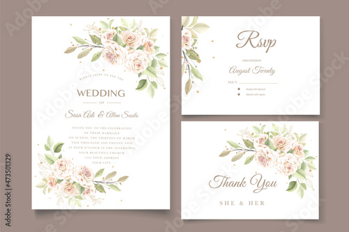 hand drawn soft floral roses wedding invitation card set