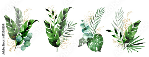 watercolor drawing. set of compositions, bouquets of tropical leaves. green and gold leaves of palm, monstera, banana. boho style decoration with shiny gold elements