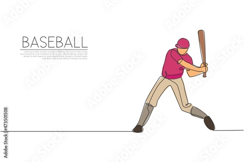 Single continuous line drawing of young agile man baseball player practice to hit the ball. Sport exercise concept. Trendy one line draw design graphic vector illustration for baseball promotion media