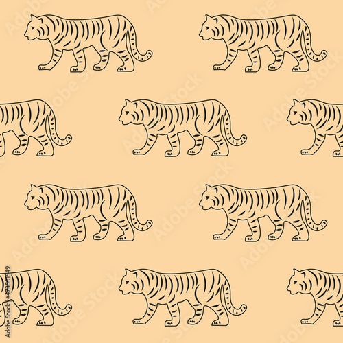 A pattern with tigers for the new year on an orange background.vector graphics. Beautiful tigers