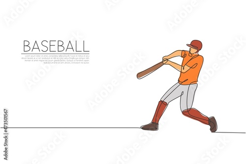Single continuous line drawing of young agile man baseball player practice to hit ball at field. Sport exercise concept. Trendy one line draw design vector illustration for baseball promotion media