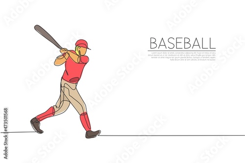 Single continuous line drawing of young agile man baseball player practice to hit the ball. Sport exercise concept. Trendy one line draw design vector graphic illustration for baseball promotion media