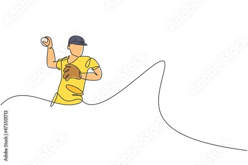 One single line drawing of young energetic man baseball pitcher train to throw the ball vector illustration. Sport training concept. Modern continuous line draw design for baseball tournament banner