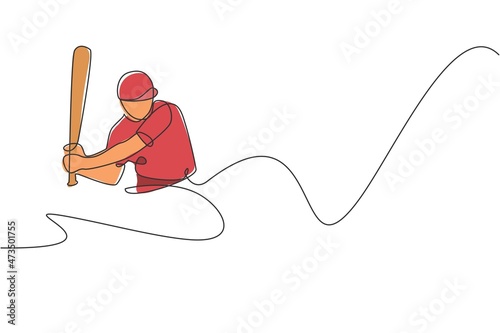 One continuous line drawing of young sporty man baseball player practice to hit the ball at arena. Competitive sport concept. Dynamic single line draw design vector illustration for promotion poster