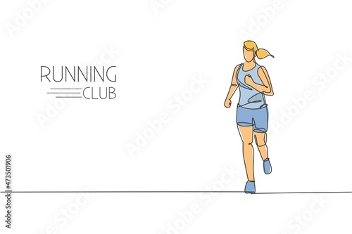 One continuous line drawing young woman athlete runner run pleasure. Individual sport, competitive concept. Dynamic single line draw design graphic vector illustration for running competition poster