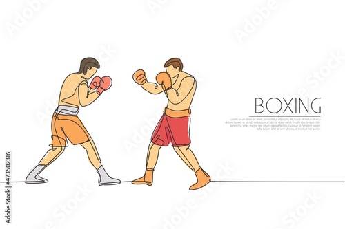 One single line drawing two young energetic men boxer fighting at event vector illustration graphic. Sport combative training concept. Modern continuous line draw design for boxing championship banner