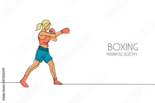 One single line drawing of young energetic woman boxer focus train her punch vector illustration. Sport combative training concept. Modern continuous line draw design for boxing championship banner