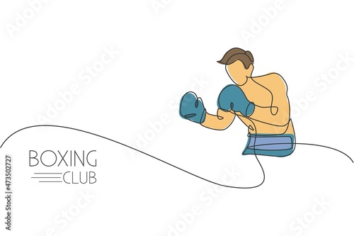 Single continuous line drawing of young agile man boxer focus for sparring with partner. Fair combative sport concept. Trendy one line draw design vector illustration for boxing game promotion media