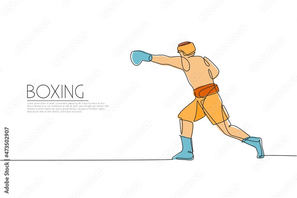 One continuous line drawing of young sporty man boxer practicing hook punch. Competitive combat sport concept. Dynamic single line draw design vector illustration for boxing match promotion poster