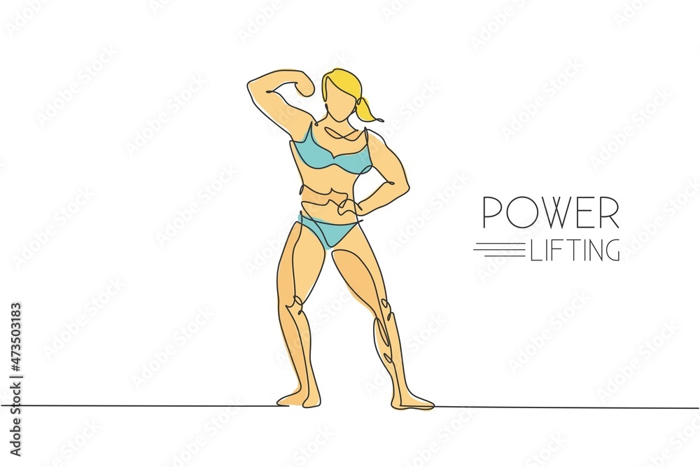 One continuous line drawing young strong model woman bodybuilder pose confidently. Fitness center gym logo concept. Dynamic single line draw design graphic vector illustration for bodybuilding contest