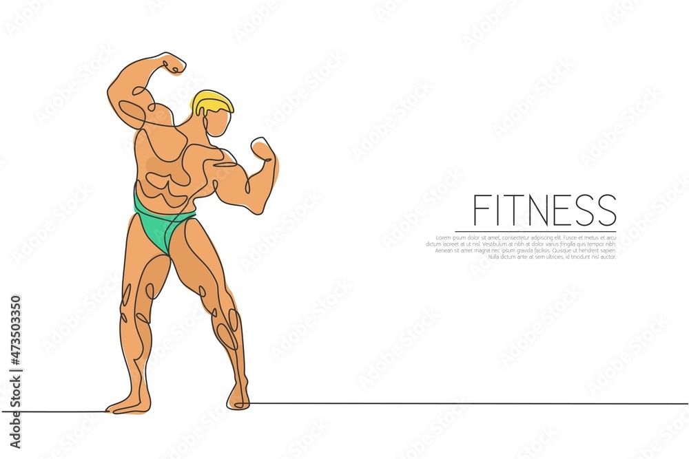 One continuous line drawing young strong model man bodybuilder posed ...