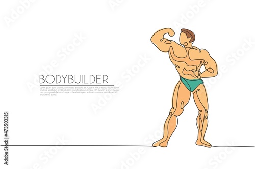 Wallpaper Mural One continuous line drawing young strong model man bodybuilder pose confidently. Fitness center gym logo concept. Dynamic single line draw design graphic vector illustration for bodybuilding contest Torontodigital.ca