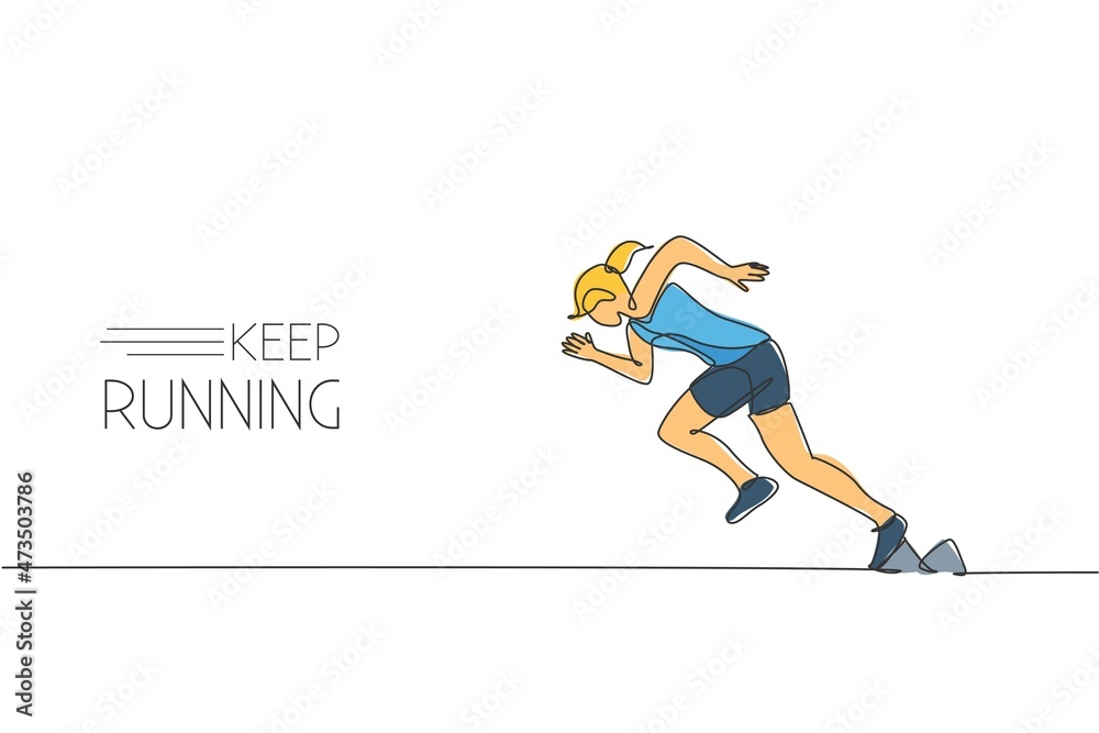 Single continuous line drawing of young agile woman runner focus practicing to run fast. Healthy lifestyle concept. Trendy one line draw design vector graphic illustration for running race promotion