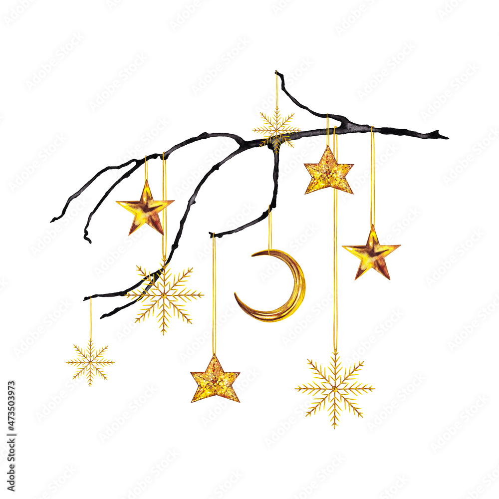 Christmas branch with golden ornaments. Realistic jewelry stars, moon and snowflakes on dried black twig. Winter modern holiday decor. Watercolor hand painted isolated element on white background.