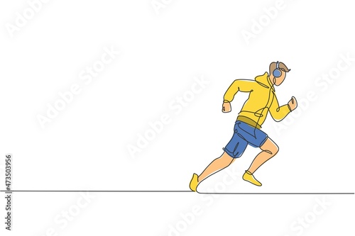 One single line drawing of young energetic man runner run relax while listening music vector illustration. Health sport training concept. Modern continuous line draw design for running campaign banner