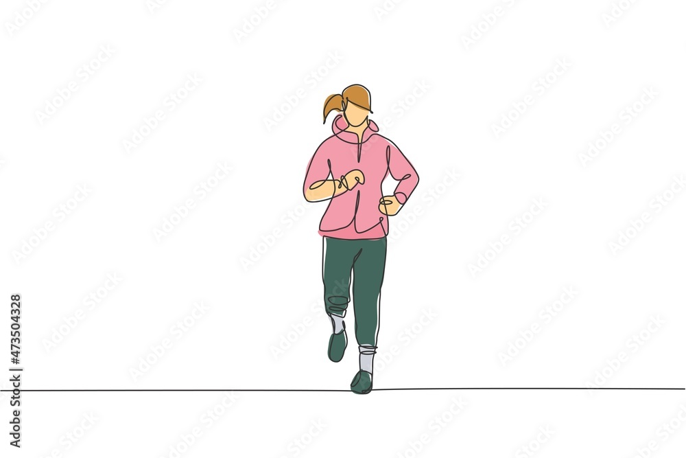 One continuous line drawing of young sporty runner woman relax running at countryside. Healthy lifestyle and fun jogging sport concept. Dynamic single line draw design vector illustration graphic One continuous line drawing of young sporty runner woman relax running at countryside. Healthy lifestyle and fun jogging sport concept. Dynamic single line draw design vector illustration graphic