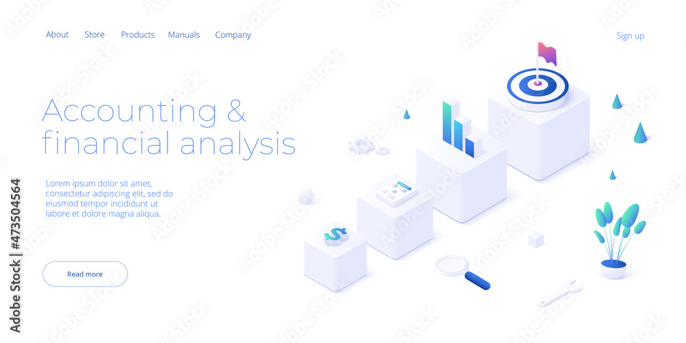 Budget accounting or statistics concept. Business analysis isometric vector illustration. Data analytics for company marketing solutions or financial performance. - obrazy, fototapety, plakaty 