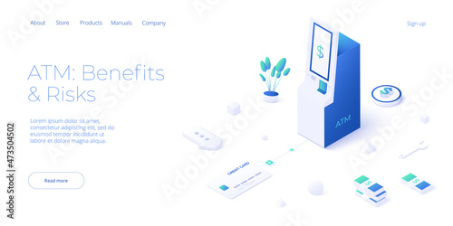 ATM machine in isometric vector design. Cash machine withdrawal or online money transfer. Internet banking smartphone pay. Website banner or webpage layout template.