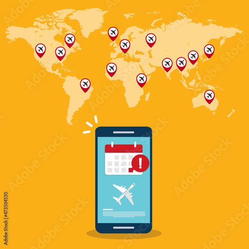 Flight delay info or travel agenda. Online reminder. Important airline airplane departure notification message on mobile phone. Vector illustration	