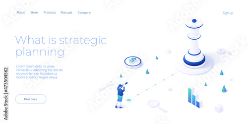 Strategic planning vector illustration in isometric design. Business strategy analysis and vision concept with queen chess piece and woman with spyglass. Web banner layout.