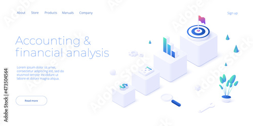 Budget accounting or statistics concept. Business analysis isometric vector illustration. Data analytics for company marketing solutions or financial performance.