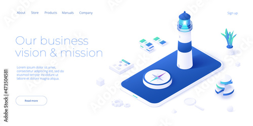 Business vision and mission vector illustration in isometric design. Strategy and corporate goal concept with lighthouse and compass on smartphone. Web banner layout.