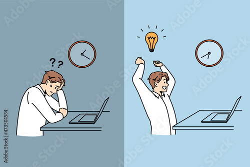 Frustration or innovation in business concept. Stressed man in doubt with question in head and happy worker with great idea sitting in office creating ideas vector illustration 